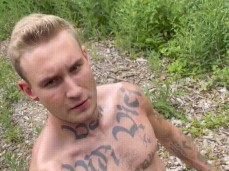 , muscular, hung, tatted German walking naked in the woods 0014-1 gif