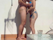 amateur couple handjob and kissing by the pool gif