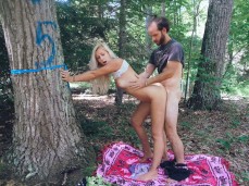 Couple is having outdoor sex in national park in Ohio and he cums in her mo gif