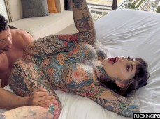 Hot tattooed brunette getting delicious pussy eaten gif
