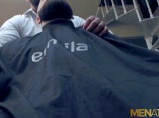 Barber rubs customer's pecs, stimalting his ciruclation 0248 5 cock reveal gif