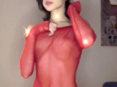 skinny girl in a red dress having fun on camera gif