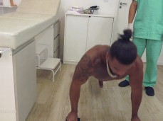 smooth, brown, hung muscle stud doing naked push-ups for his doctor gif
