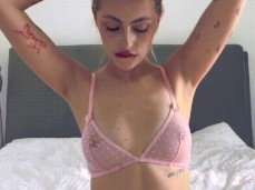 Cute Blonde with Natural Tits sucks a big pink dildo and drools gif