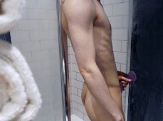 Toned Twink caught jerking off after having some fun in the shower. gif