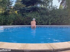 Short haired Angel Wicky in pool in slingshot thong bikini gif