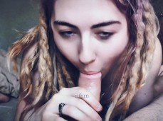 Hairy hippie alt girl gets interviewed sucking cock - closed captioned wow! gif