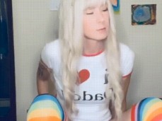 Cute blonde XOlindseyXO in rainbow socks rides dildo on chair gif