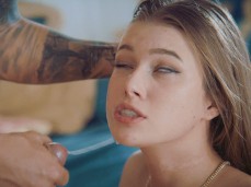 Cute cum slut gets her pretty face drenched in jizz gif