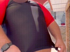 man wearing swimsuit on fat belly gif