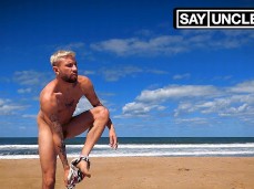 Blond, lean, smooth, uncut El Aleman gets naked on the beach 0018 3 reveal gif