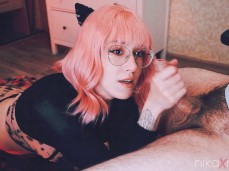 Pink Haired Kitty Gives Handjob gif