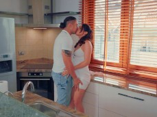 kissing in kitchen gif