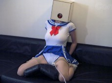 Schoolgirl slut Lily Corinth vibes in frogtie self-bondage with head in box gif