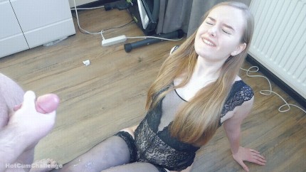 Schoolgirl in hot lingerie surprised at how much he cums on her body & face