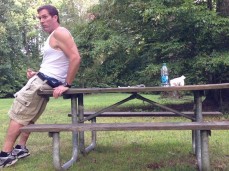 Me jerking-off outside on the picnic table - Public GIF gif
