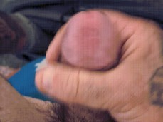 Big, hairy, heavily tattoed guy stroking his short but hot cock 0021-1 10 gif