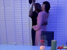 Wife Sofie Marie in sheer robe making out with Black stud gif